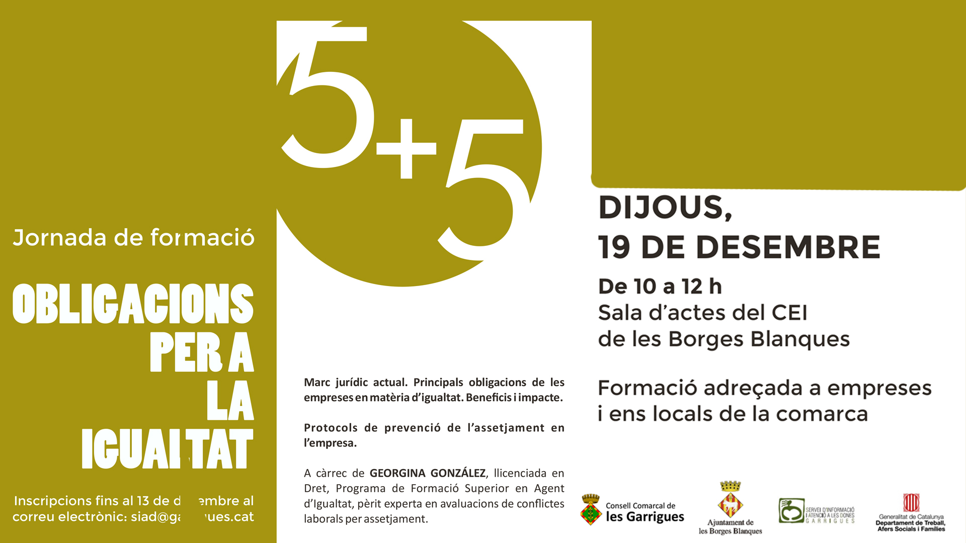 Jornada de formació a les Garrigues “Obligacions per a la igualtat (5+5)”