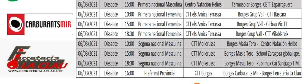 Aquest cap de setmana inicien la lliga de la temporada 20/21 diversos equips del CTT Borges