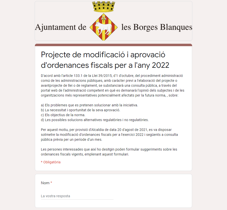 Les Borges obre una consulta pública abans d’elaborar les ordenances fiscals per al 2022