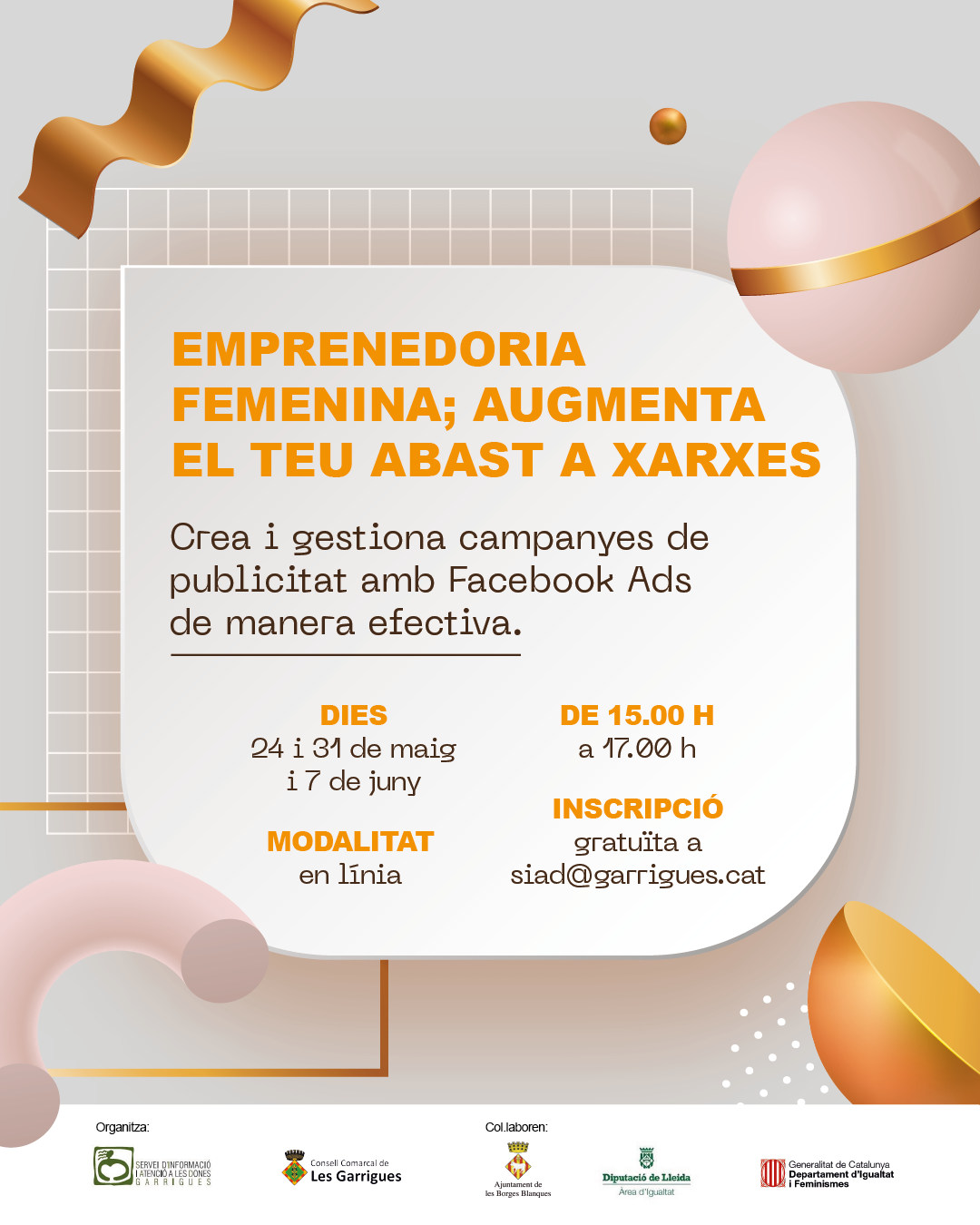 Les Garrigues organitza el curs en línia ‘Emprenedoria femenina; augmenta el teu abast a xarxes’