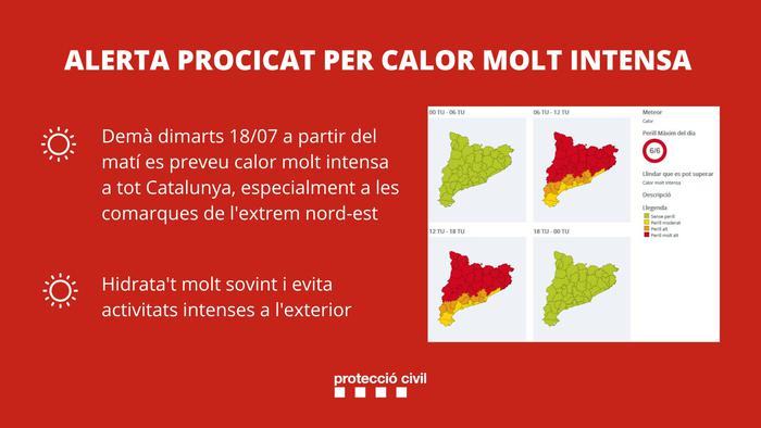 Protecció Civil activa l’ALERTA del PROCICAT per calor molt intensa i generalitzada demà dimarts